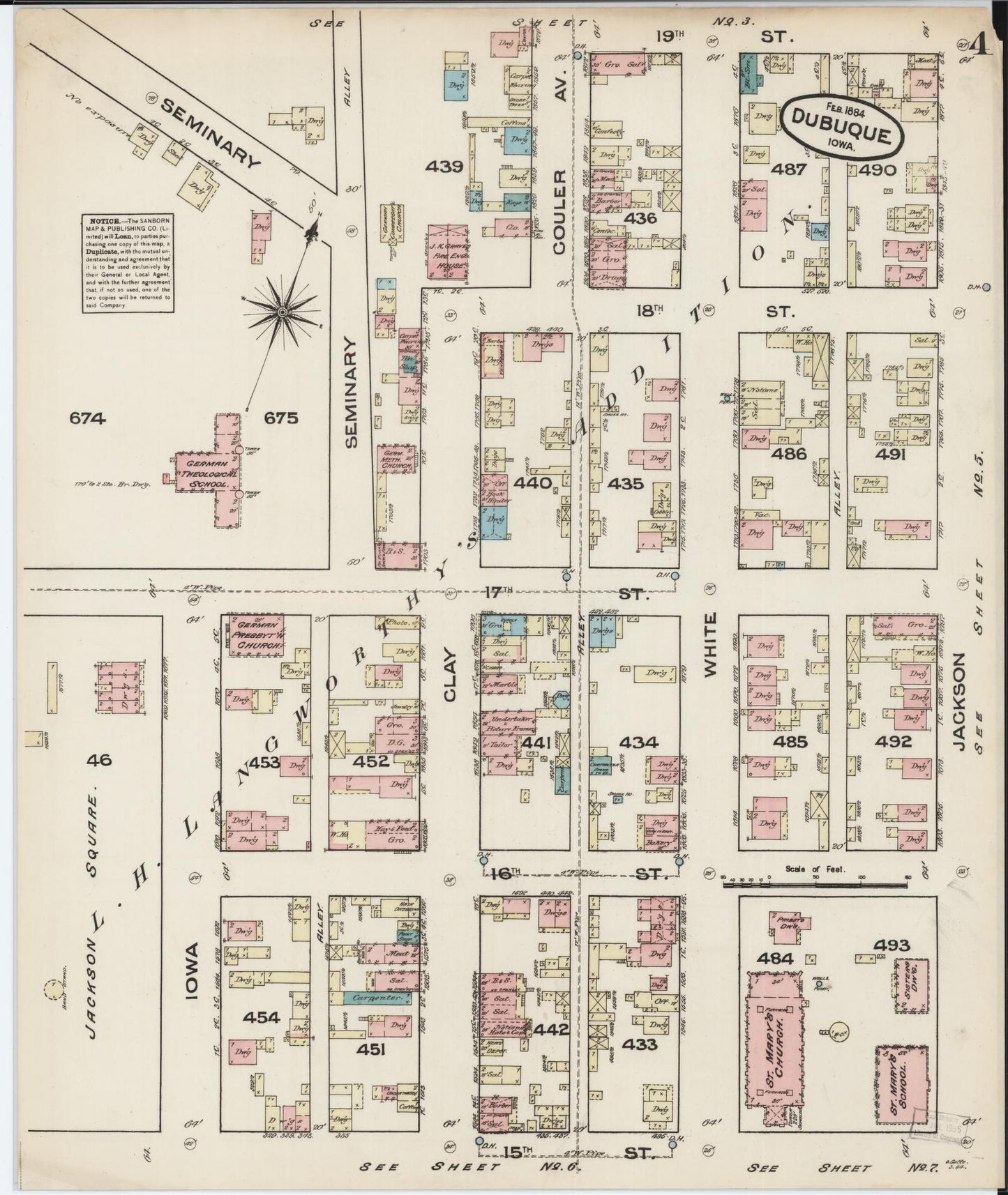 Sanborn Fire Insurance Map from Dubuque, Dubuque County, Iowa (1884), Sheet #0004 - Historic Sanborn Fire Insurance Map Print, vintage old map wall art