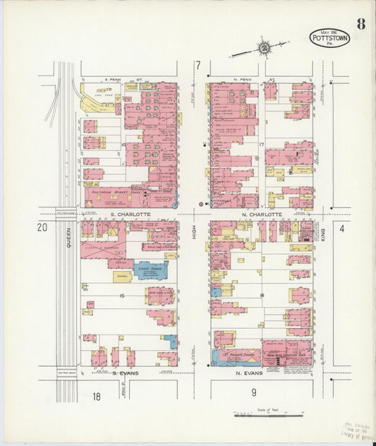 Sanborn Fire Insurance Map from Pottstown, Montgomery County, Pennsylvania (1916), Sheet #0008 - Historic Sanborn Fire Insurance Map Print, vintage old map wall art, antique decor, genealogy gift, Pennsylvania Pennsylvania map