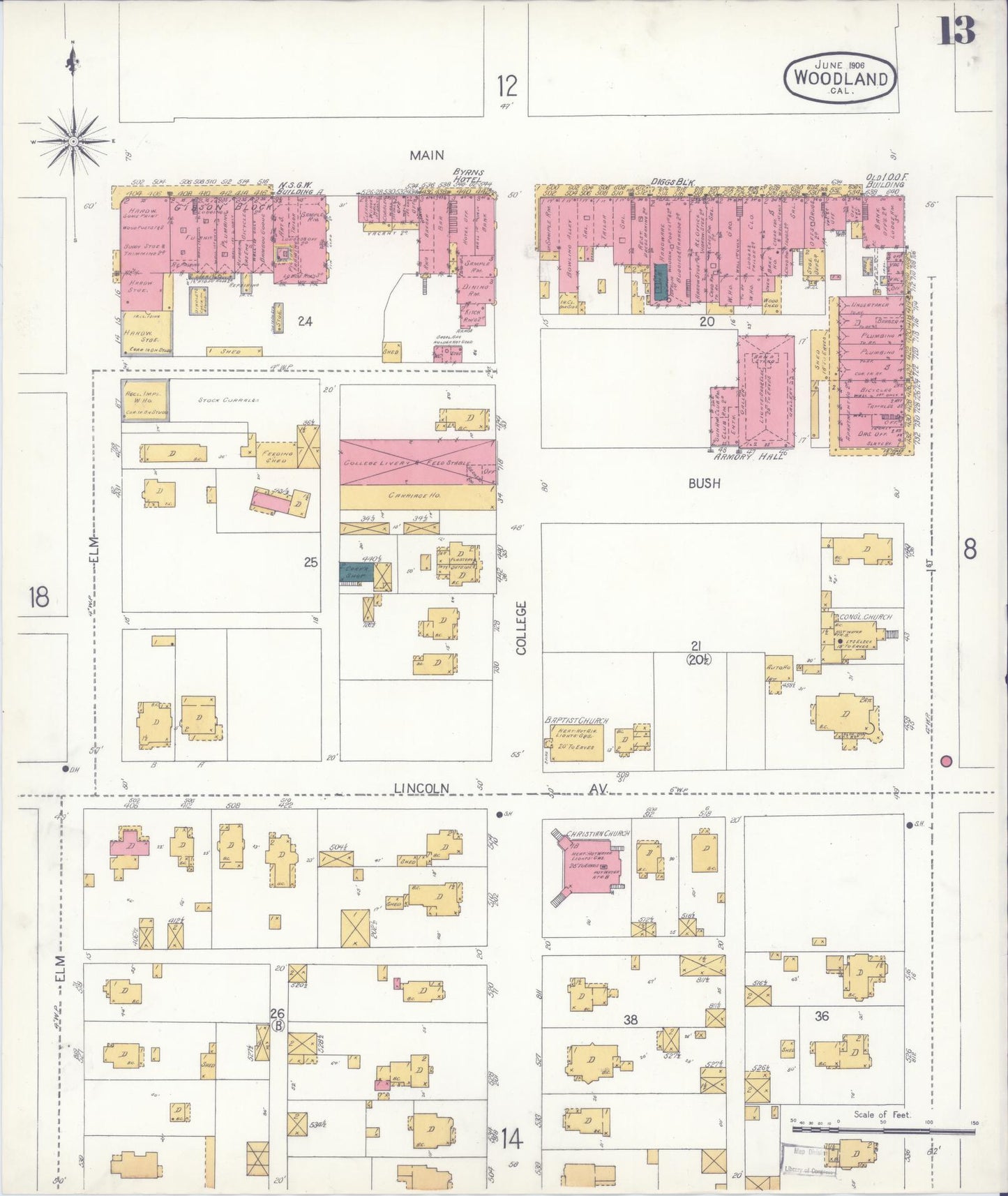 Sanborn Fire Insurance Map from Woodland, Yolo County, California (1906), Sheet #0013 - Complete Map Set gallery image, historic Sanborn map, vintage wall art, California California