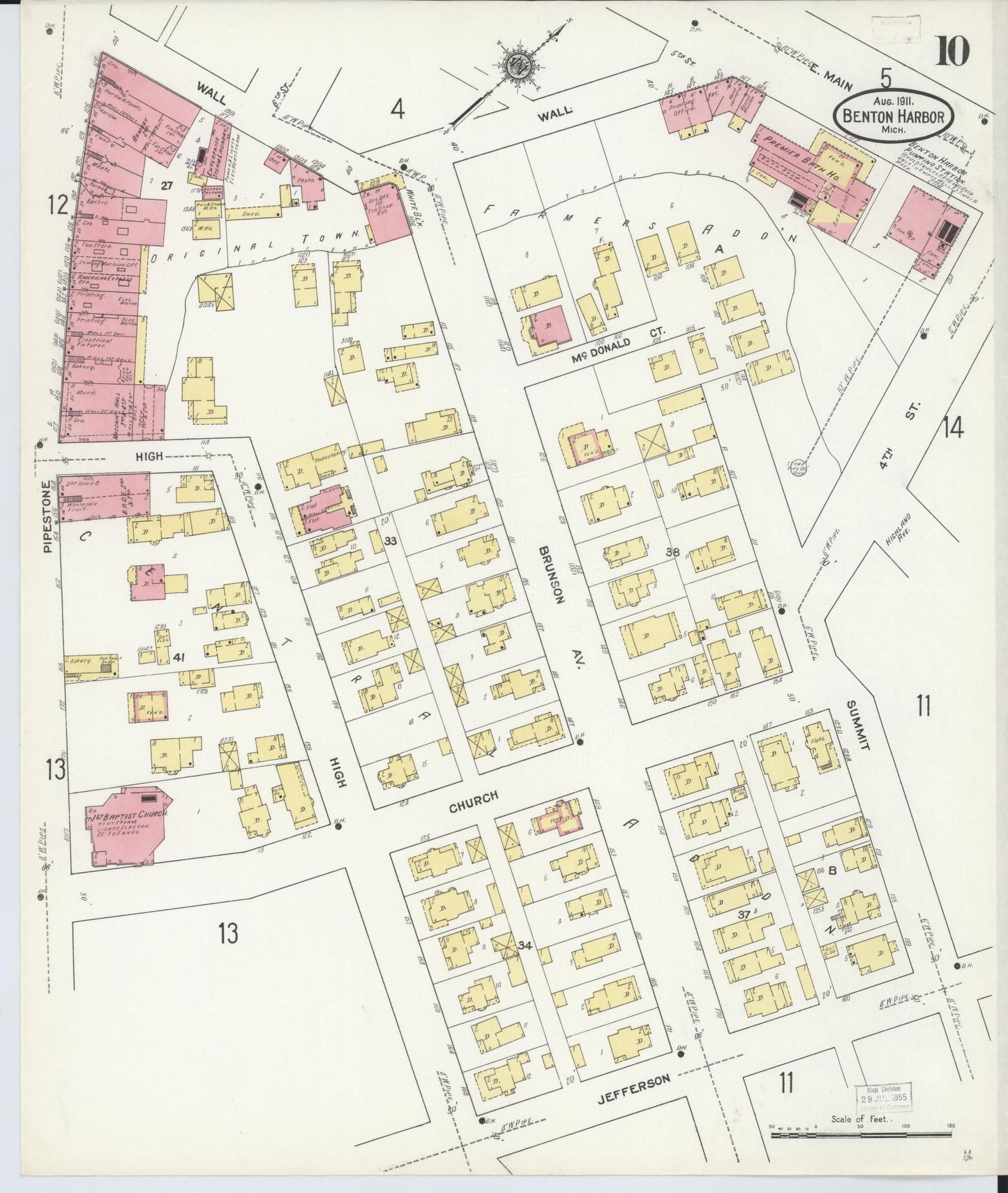 Sanborn Fire Insurance Map from Benton Harbor, Berrien County, Michigan (1911), Sheet #0010 - Historic Sanborn Fire Insurance Map Print, vintage old map wall art, antique decor, genealogy gift, Michigan Michigan map
