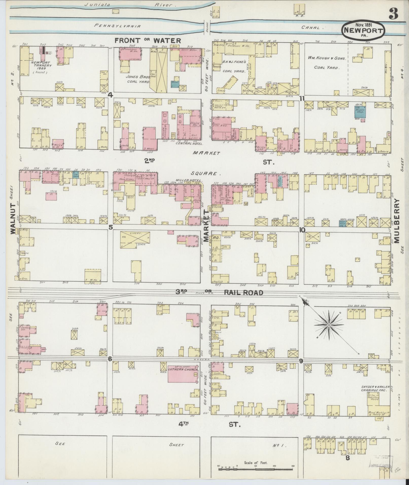 Sanborn Fire Insurance Map from Newport, Perry County, Pennsylvania (1891), Sheet #0003 - Historic Sanborn Fire Insurance Map Print, vintage old map wall art, antique decor, genealogy gift, Pennsylvania Pennsylvania map