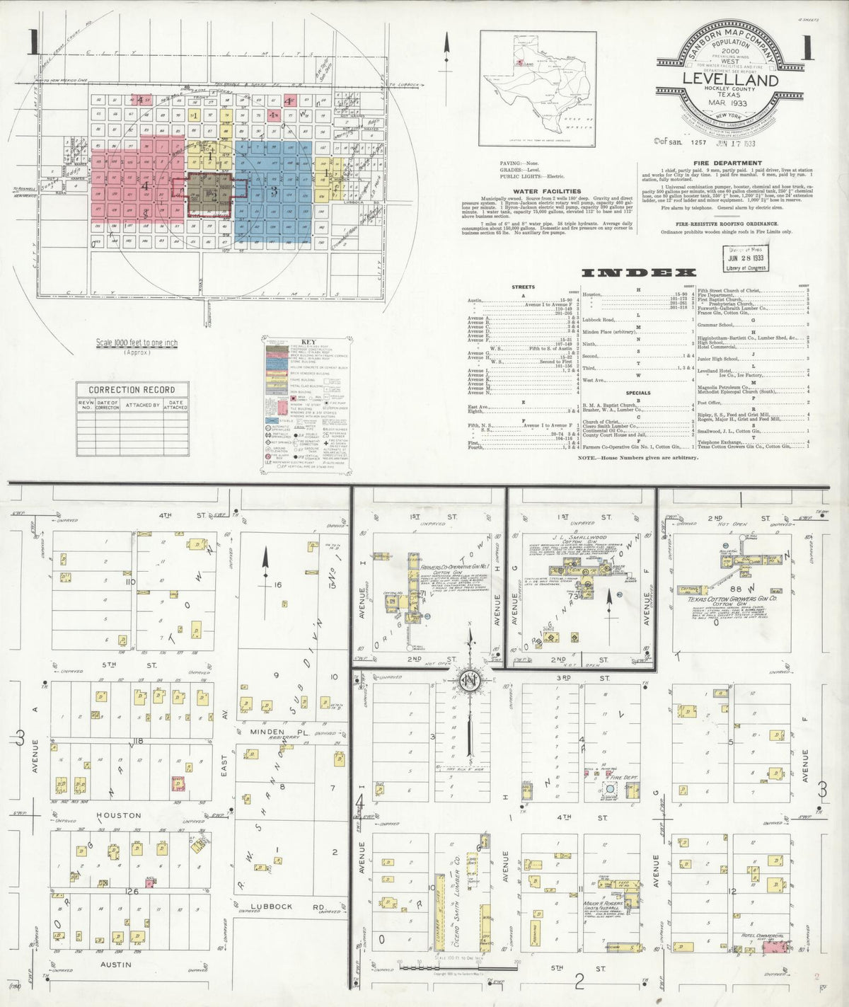 Sanborn Fire Insurance Map from Levelland, Hockley County, Texas (1933), Sheet #0001 - Complete Map Set gallery image, historic Sanborn map, vintage wall art, Texas Texas