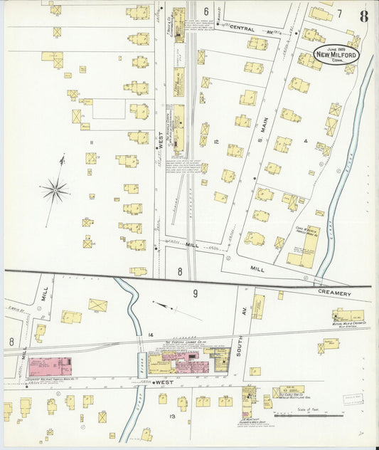 Sanborn Fire Insurance Map from New Milford, Litchfield County, Connecticut (1909), Sheet #0008 - Historic Sanborn Fire Insurance Map Print, vintage old map wall art, antique decor, genealogy gift, Connecticut Connecticut map