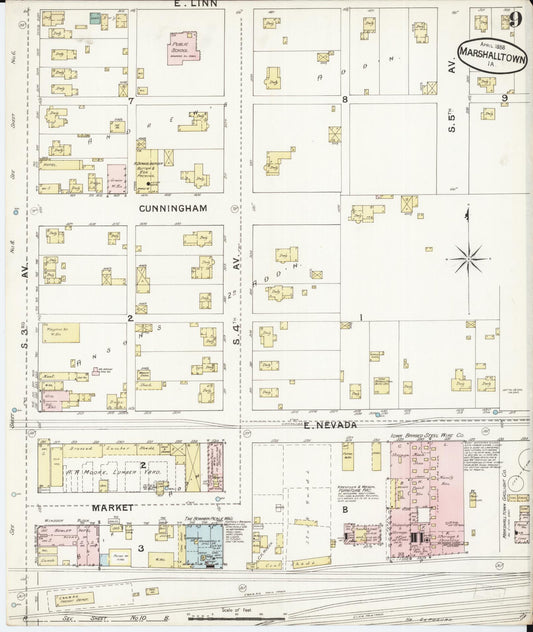 Sanborn Fire Insurance Map from Marshalltown, Marshall County, Iowa (1888), Sheet #0009 - Historic Sanborn Fire Insurance Map Print, vintage old map wall art