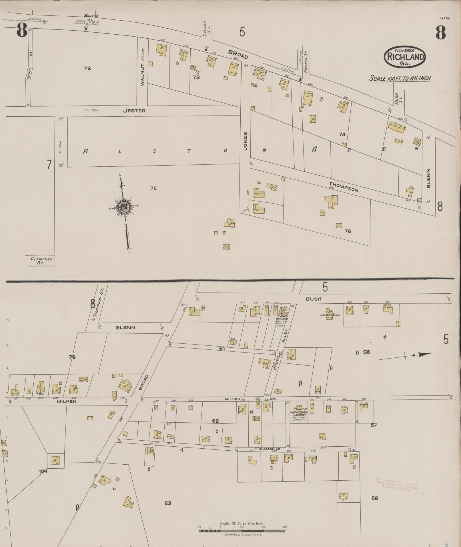 Sanborn Fire Insurance Map from Richland, Stewart County, Georgia (1922), Sheet #0008 - Historic Sanborn Fire Insurance Map Print, vintage old map wall art, antique decor, genealogy gift, Georgia Georgia map