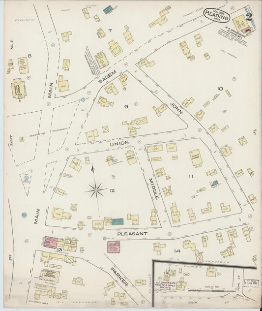 Sanborn Fire Insurance Map from Reading, Middlesex County, Massachusetts (1885), Sheet #0002 - Historic Sanborn Fire Insurance Map Print, vintage old map wall art, antique decor, genealogy gift, Massachusetts Massachusetts map