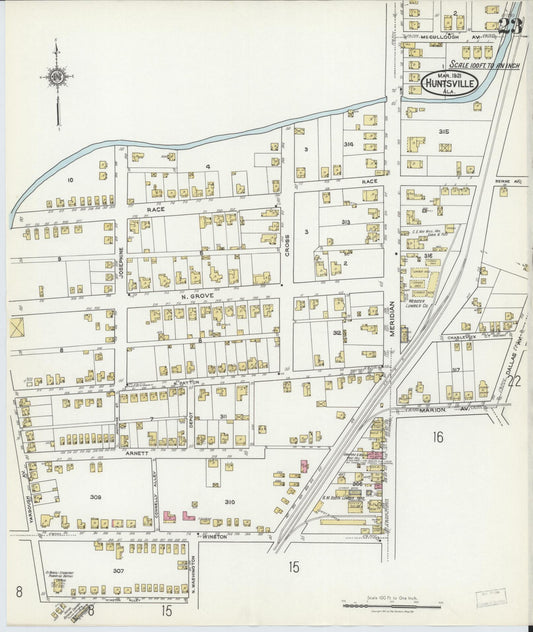Sanborn Fire Insurance Map from Huntsville, Madison County, Alabama (1921), Sheet #0023 - Historic Sanborn Fire Insurance Map Print, vintage old map wall art, antique decor, genealogy gift, Alabama Alabama map