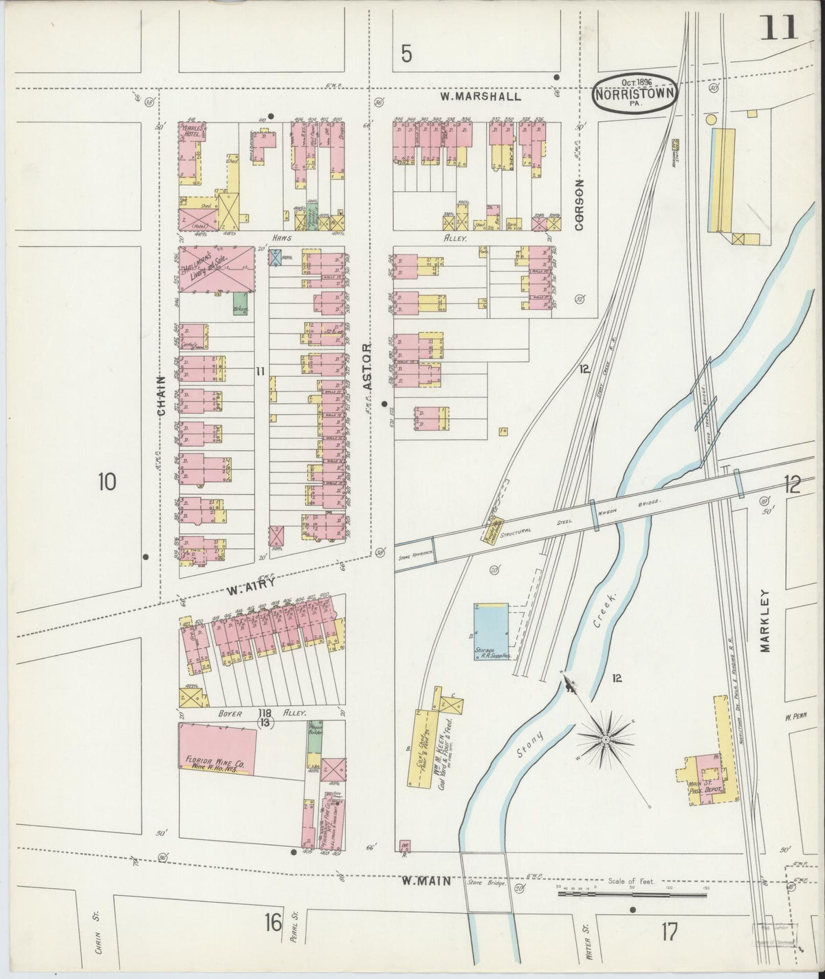Sanborn Fire Insurance Map from Norristown, Montgomery County, Pennsylvania (1896), Sheet #0011 - Historic Sanborn Fire Insurance Map Print, vintage old map wall art, antique decor, genealogy gift, Pennsylvania Pennsylvania map