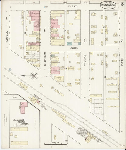 Sanborn Fire Insurance Map from Shenandoah, Page County, Iowa (1886), Sheet #0002 - Historic Sanborn Fire Insurance Map Print, vintage old map wall art