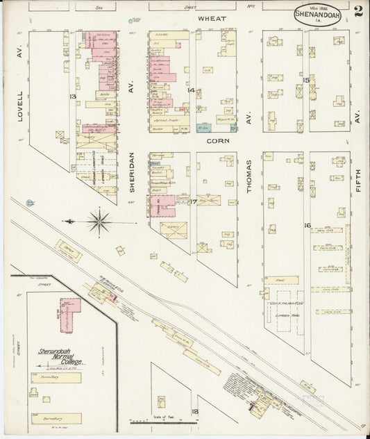 Sanborn Fire Insurance Map from Shenandoah, Page County, Iowa (1886), Sheet #0002 - Historic Sanborn Fire Insurance Map Print, vintage old map wall art