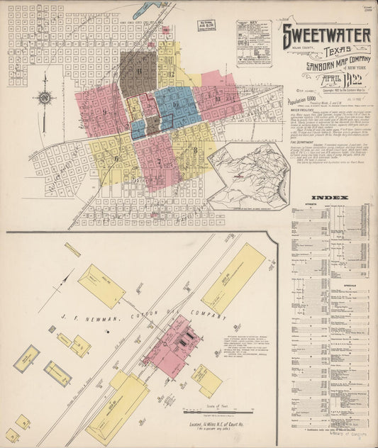 Sanborn Fire Insurance Map from Sweetwater, Nolan County, Texas (1922), Sheet #0001 - Historic Sanborn Fire Insurance Map Print, vintage old map wall art, antique decor, genealogy gift, Texas Texas map
