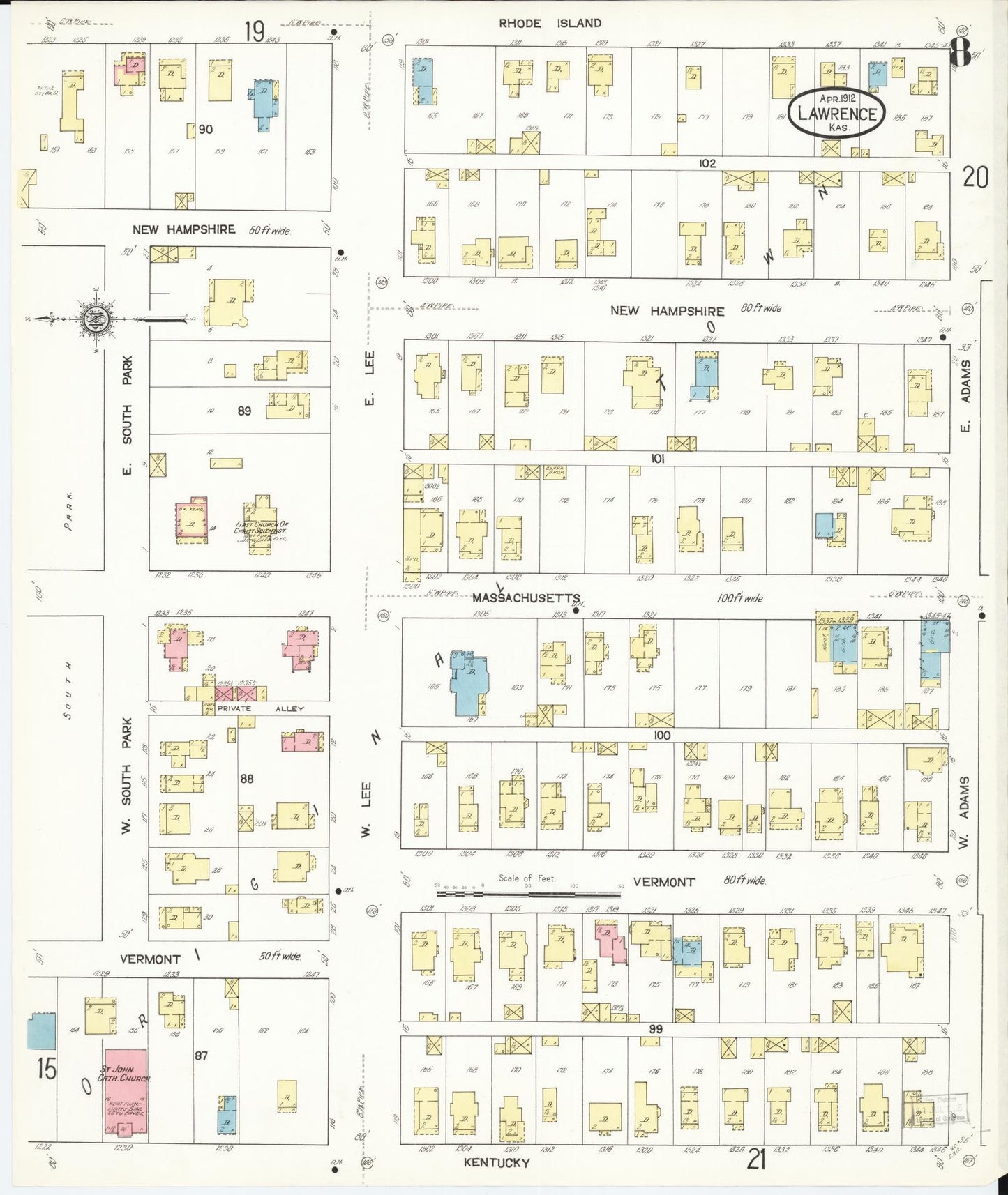 Sanborn Fire Insurance Map from Lawrence, Douglas County, Kansas (1912), Sheet #0008 - Complete Map Set gallery image, historic Sanborn map, vintage wall art, Kansas Kansas
