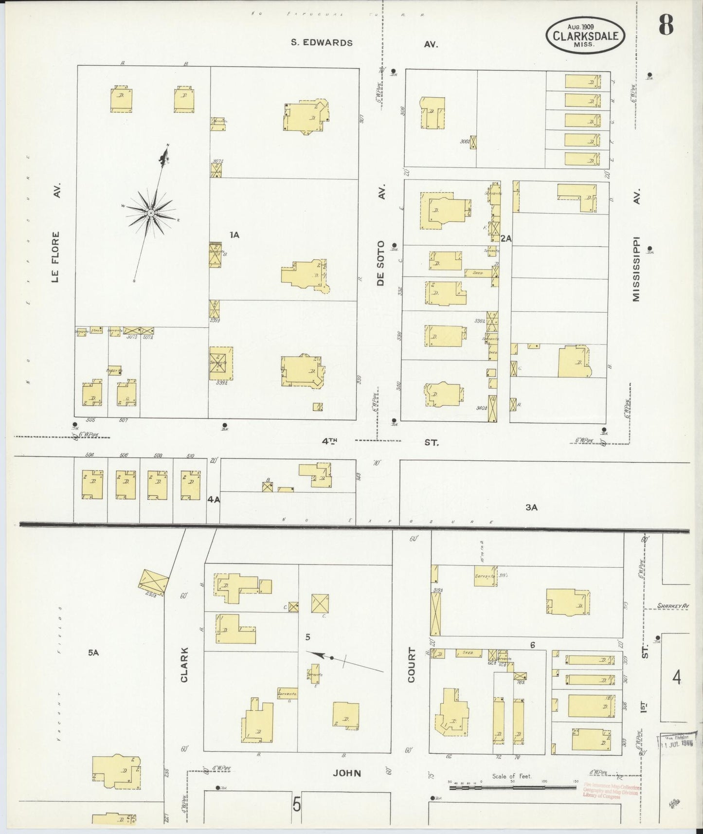 Sanborn Fire Insurance Map from Clarksdale, Coahoma County, Mississippi (1909), Sheet #0008 - Historic Sanborn Fire Insurance Map Print, vintage old map wall art, antique decor, genealogy gift, Mississippi Mississippi map