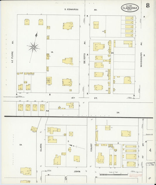 Sanborn Fire Insurance Map from Clarksdale, Coahoma County, Mississippi (1909), Sheet #0008 - Historic Sanborn Fire Insurance Map Print, vintage old map wall art, antique decor, genealogy gift, Mississippi Mississippi map