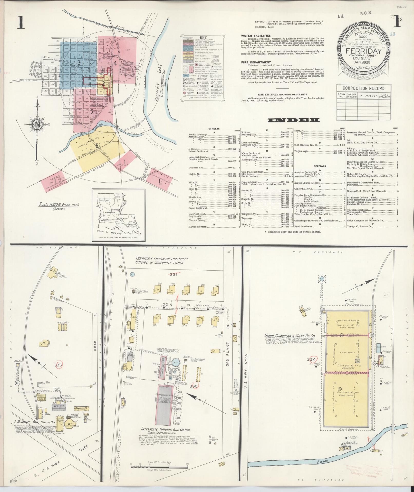 Sanborn Fire Insurance Map from Ferriday, Concordia Parish, Louisiana (1938), Sheet #0001 - Complete Map Set gallery image, historic Sanborn map, vintage wall art, Louisiana Louisiana