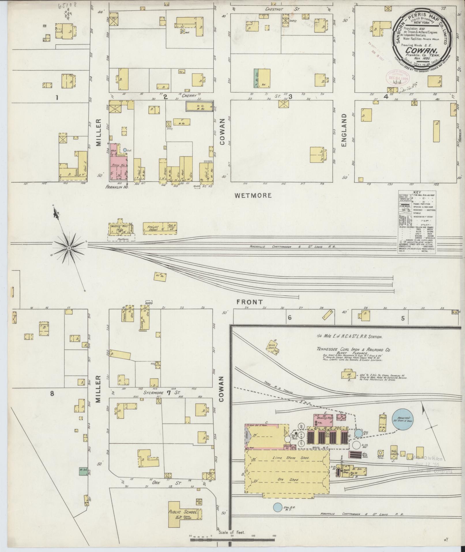 Sanborn Fire Insurance Map from Cowan, Franklin County, Tennessee (1895), Sheet #0001 - Historic Sanborn Fire Insurance Map Print, vintage old map wall art, antique decor, genealogy gift, Tennessee Tennessee map
