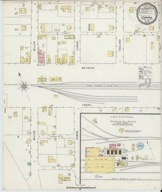 Sanborn Fire Insurance Map from Cowan, Franklin County, Tennessee (1895), Sheet #0001 - Historic Sanborn Fire Insurance Map Print, vintage old map wall art, antique decor, genealogy gift, Tennessee Tennessee map