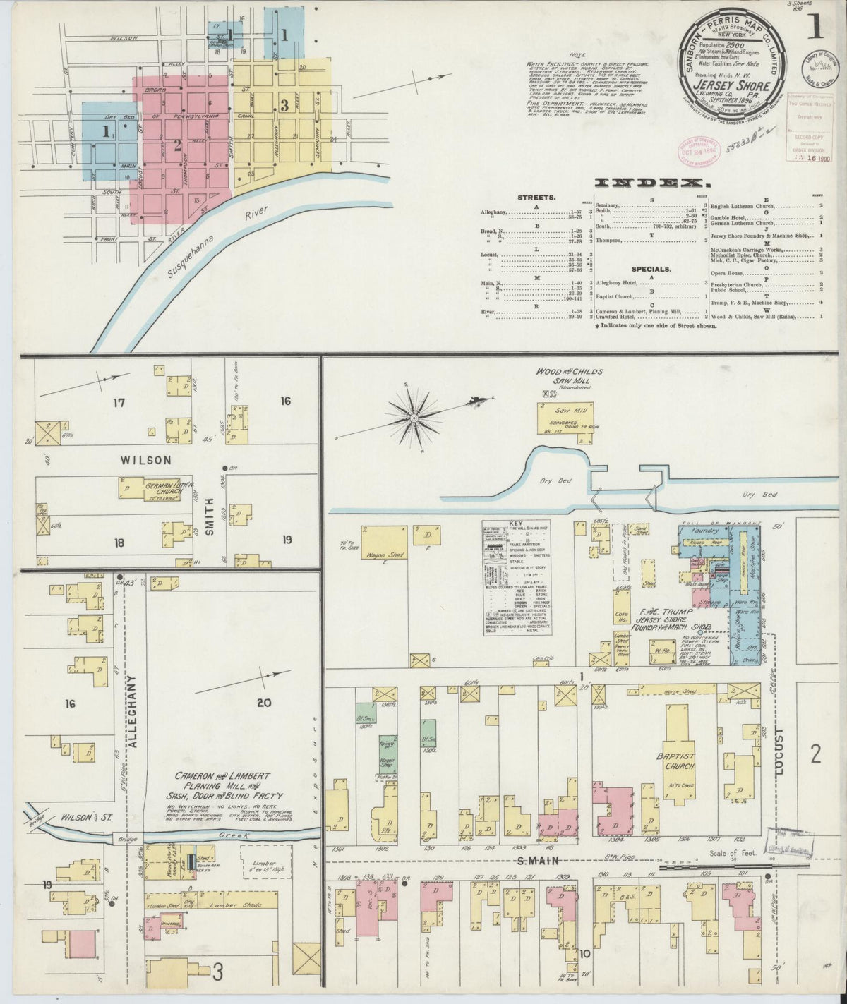 Sanborn Fire Insurance Map from Jersey Shore, Lycoming County, Pennsylvania (1896), Sheet #0001 - Historic Sanborn Fire Insurance Map Print, vintage old map wall art, antique decor, genealogy gift, Pennsylvania Pennsylvania map