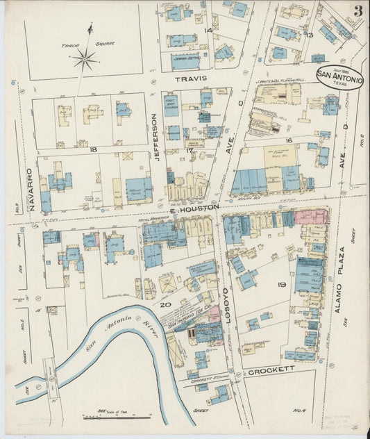 Sanborn Fire Insurance Map from San Antonio, Bexar County, Texas (1885), Sheet #0003 - Historic Sanborn Fire Insurance Map Print, vintage old map wall art, antique decor, genealogy gift, Texas Texas map