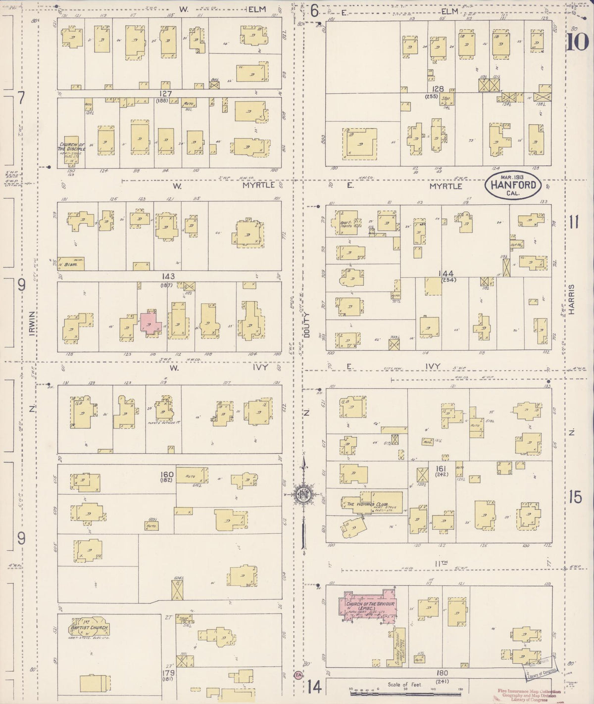 Sanborn Fire Insurance Map from Hanford, Kings County, California (1913), Sheet #0010 - Complete Map Set gallery image, historic Sanborn map, vintage wall art, California California