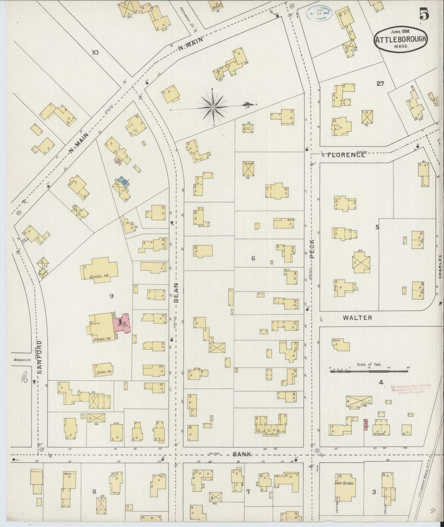 Sanborn Fire Insurance Map from Attleboro, Bristol County, Massachusetts (1894), Sheet #0005 - Historic Sanborn Fire Insurance Map Print, vintage old map wall art, antique decor, genealogy gift, Massachusetts Massachusetts map