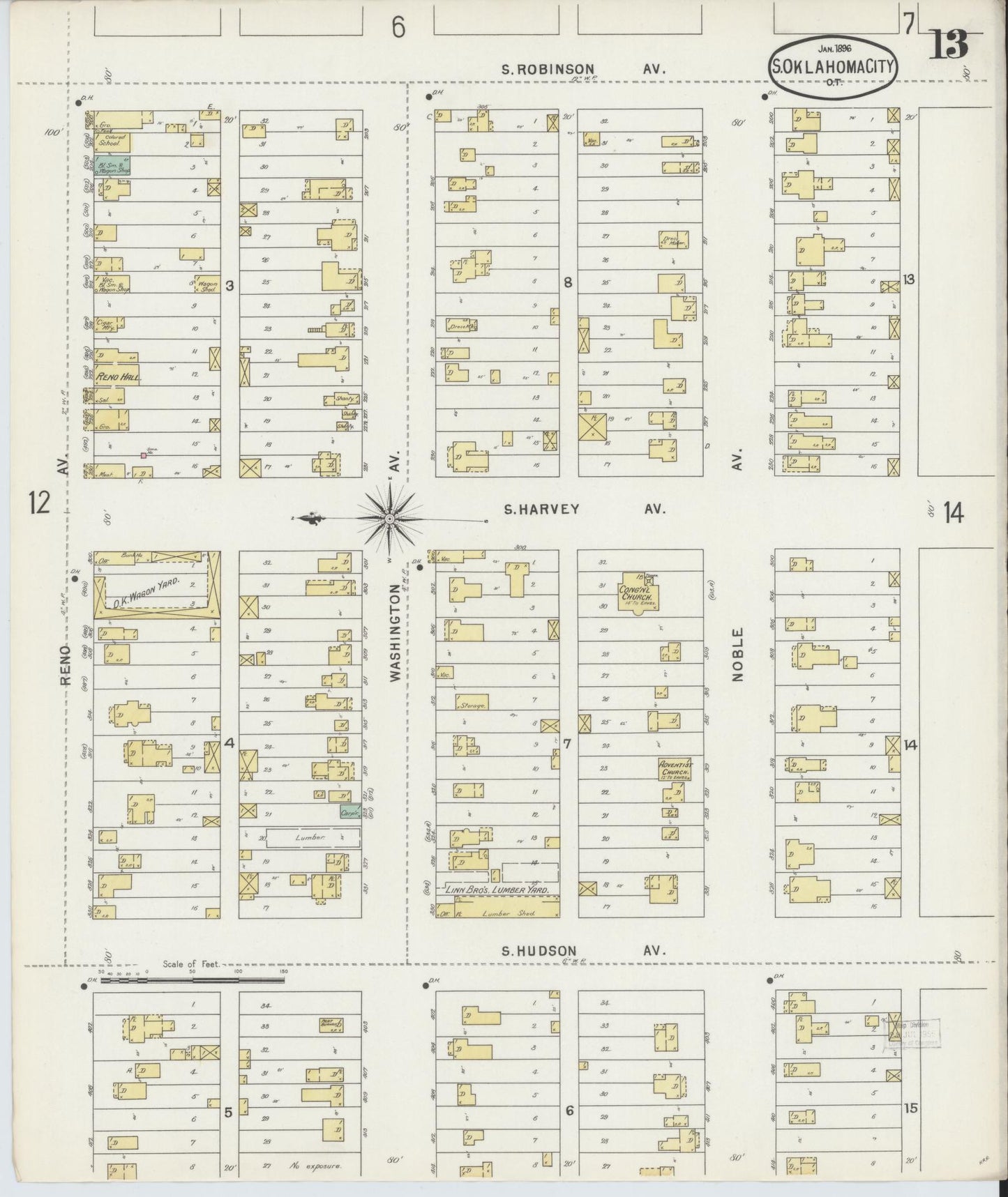 Sanborn Fire Insurance Map from Oklahoma City, Oklahoma County, Oklahoma (1896), Sheet #0013 - Complete Map Set gallery image, historic Sanborn map, vintage wall art, Oklahoma City Oklahoma