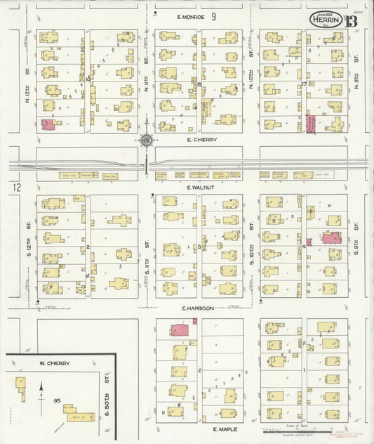 Sanborn Fire Insurance Map from Herrin, Williamson County, Illinois (1922), Sheet #0013 - Historic Sanborn Fire Insurance Map Print, vintage old map wall art, antique decor, genealogy gift, Illinois Illinois map