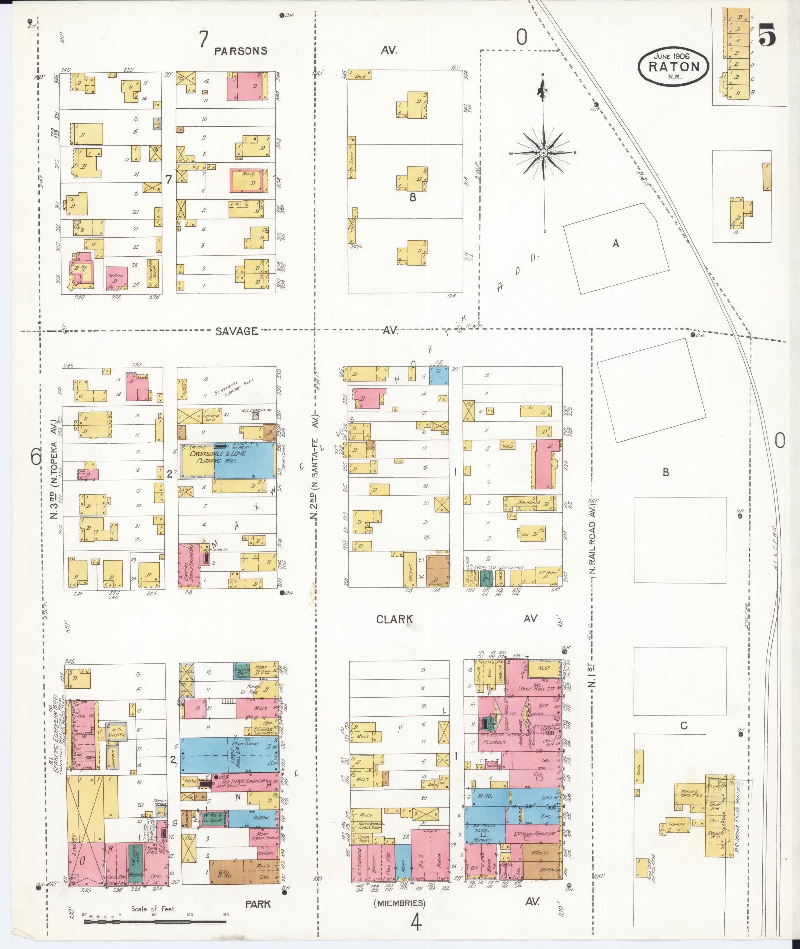 Sanborn Fire Insurance Map from Raton, Colfax County, New Mexico (1906), Sheet #0005 - Historic Sanborn Fire Insurance Map Print, vintage old map wall art, antique decor, genealogy gift, New Mexico New Mexico map