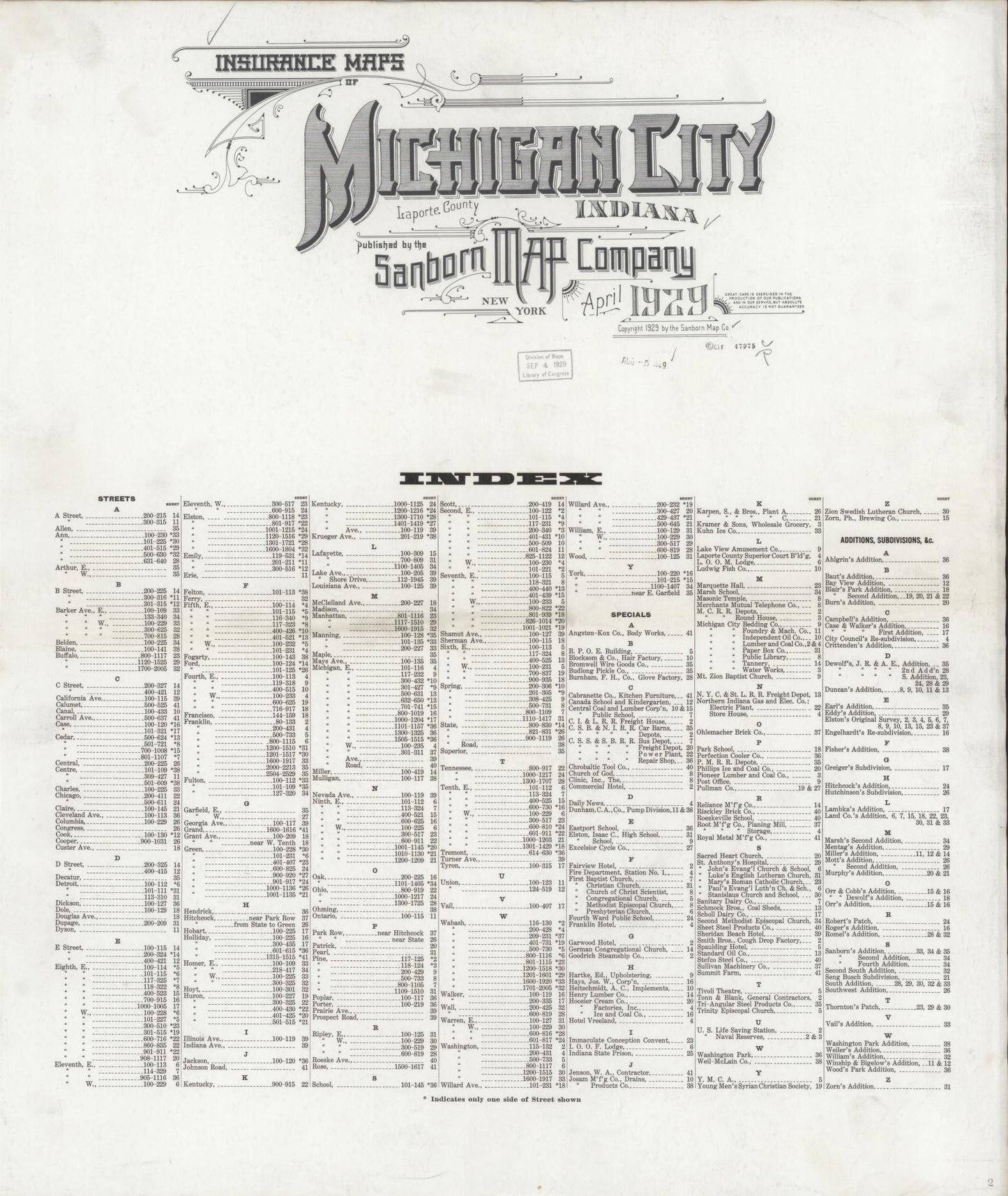 Sanborn Fire Insurance Map from Michigan City, La Porte County, Indiana (1929), Sheet #0001 - Historic Sanborn Fire Insurance Map Print, vintage old map wall art, antique decor, genealogy gift, Michigan Michigan map