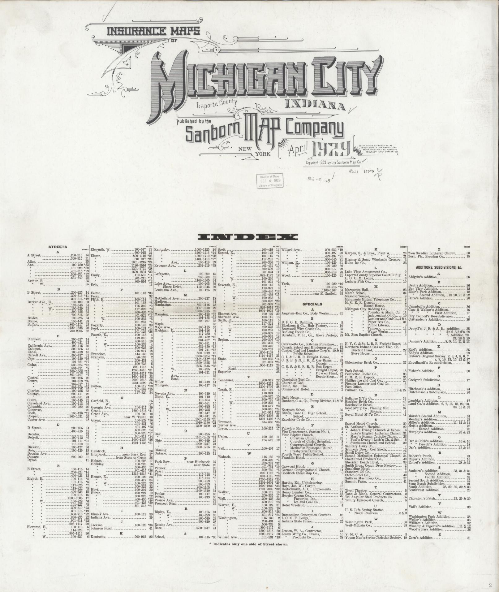 Sanborn Fire Insurance Map from Michigan City, La Porte County, Indiana (1929), Sheet #0001 - Historic Sanborn Fire Insurance Map Print, vintage old map wall art, antique decor, genealogy gift, Michigan Michigan map
