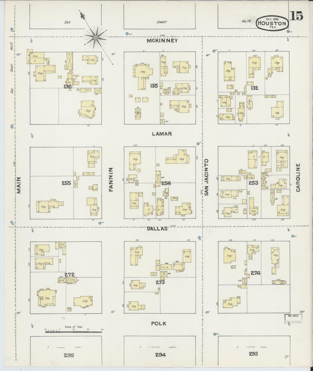 Sanborn Fire Insurance Map from Houston, Harris County, Texas (1890), Sheet #0015 - Complete Map Set gallery image, historic Sanborn map, vintage wall art, Texas Texas