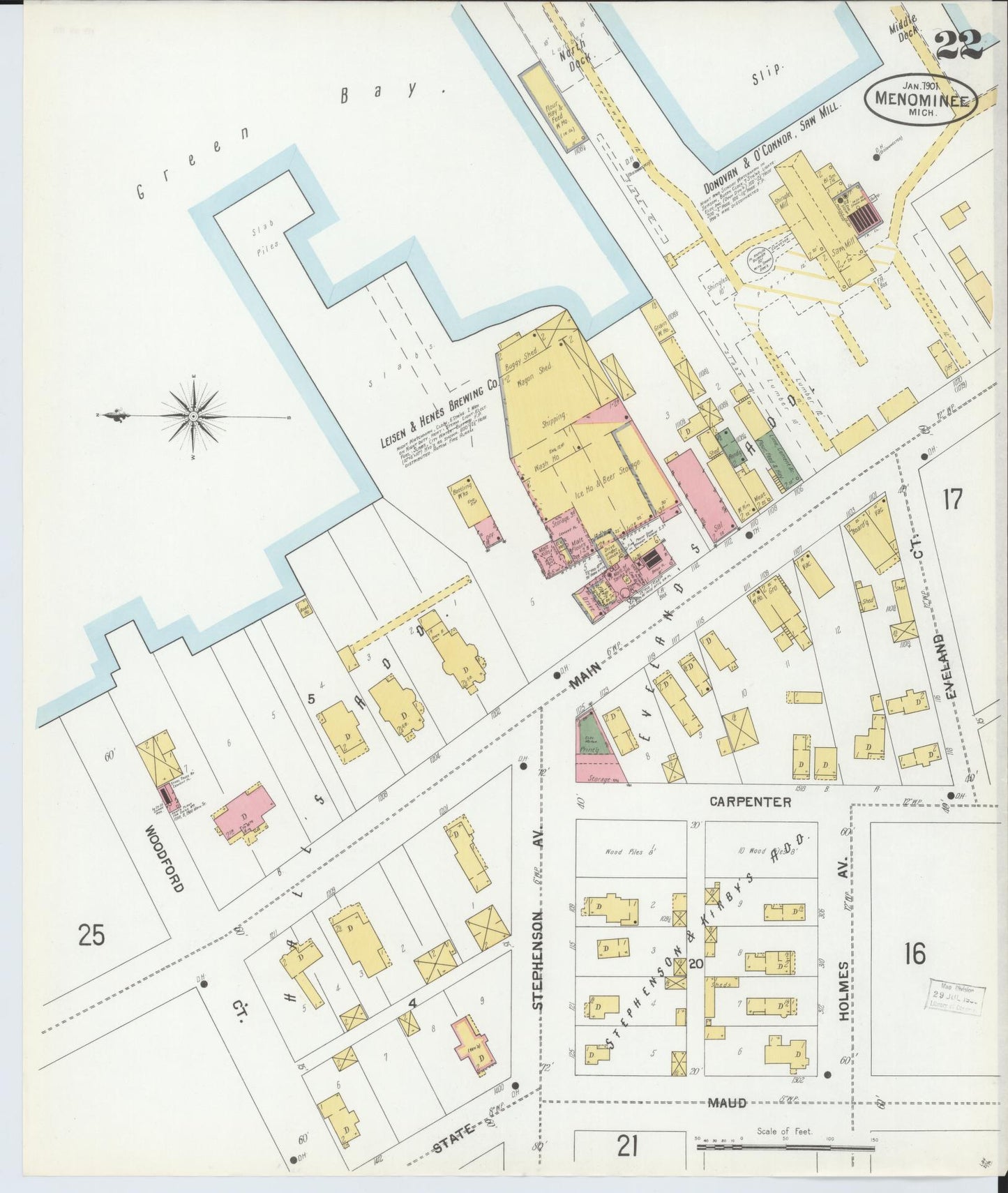Sanborn Fire Insurance Map from Menominee, Menominee County, Michigan (1901), Sheet #0022 - Complete Map Set gallery image, historic Sanborn map, vintage wall art, Michigan Michigan