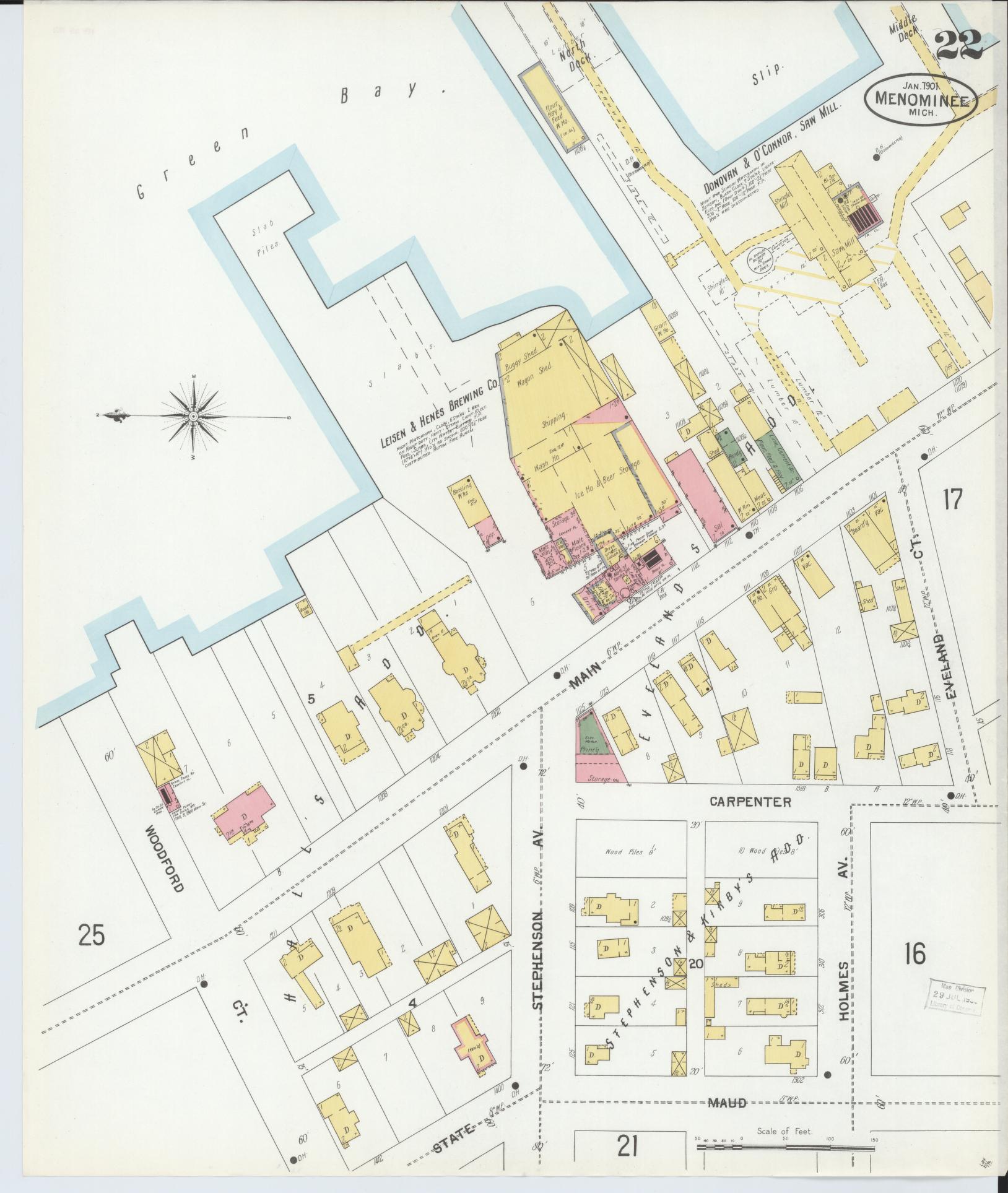Sanborn Fire Insurance Map from Menominee, Menominee County, Michigan (1901), Sheet #0022 - Complete Map Set gallery image, historic Sanborn map, vintage wall art, Michigan Michigan