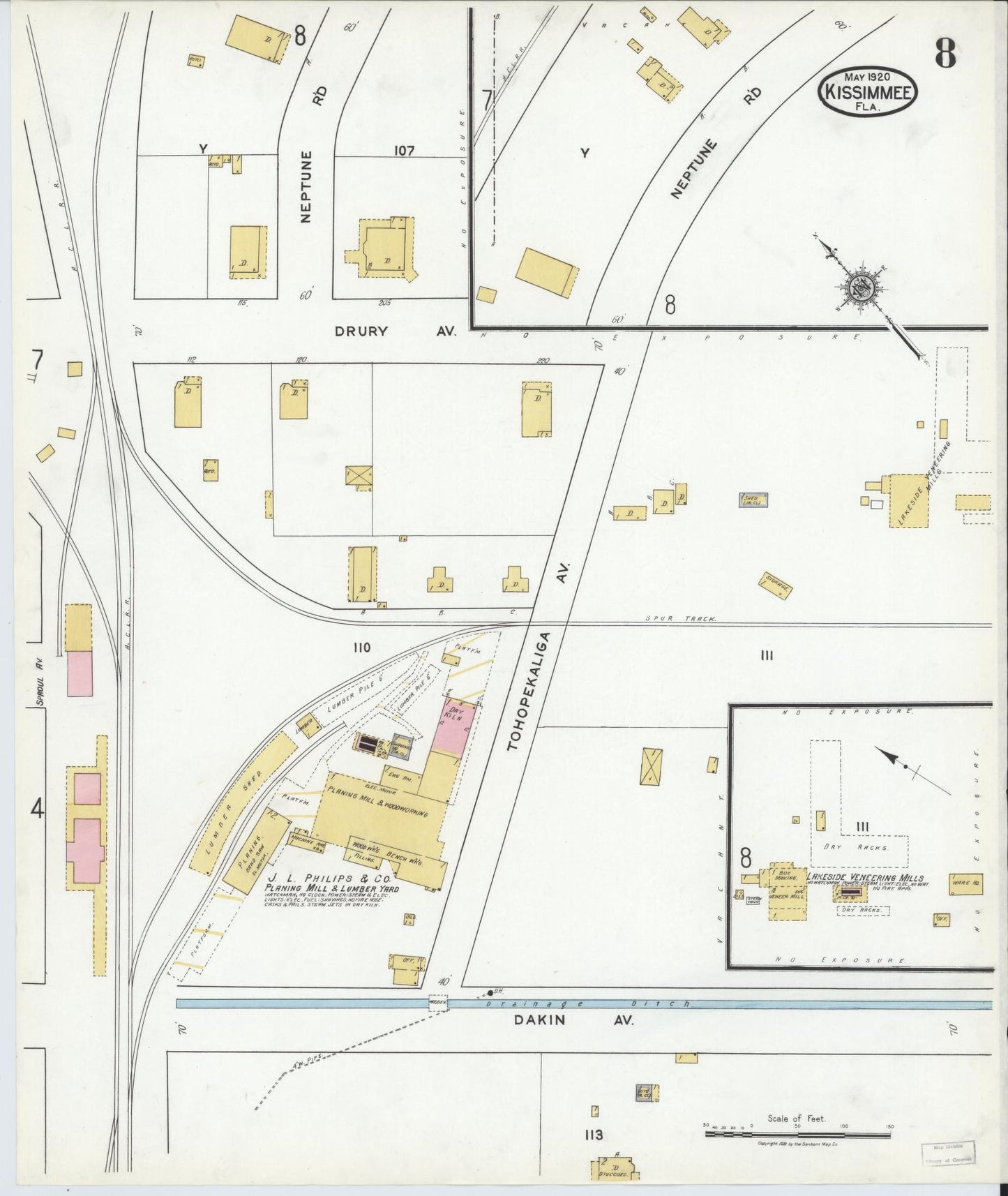 Sanborn Fire Insurance Map from Kissimmee, Osceola County, Florida (1920), Sheet #0008 - Historic Sanborn Fire Insurance Map Print, vintage old map wall art, antique decor, genealogy gift, Florida Florida map