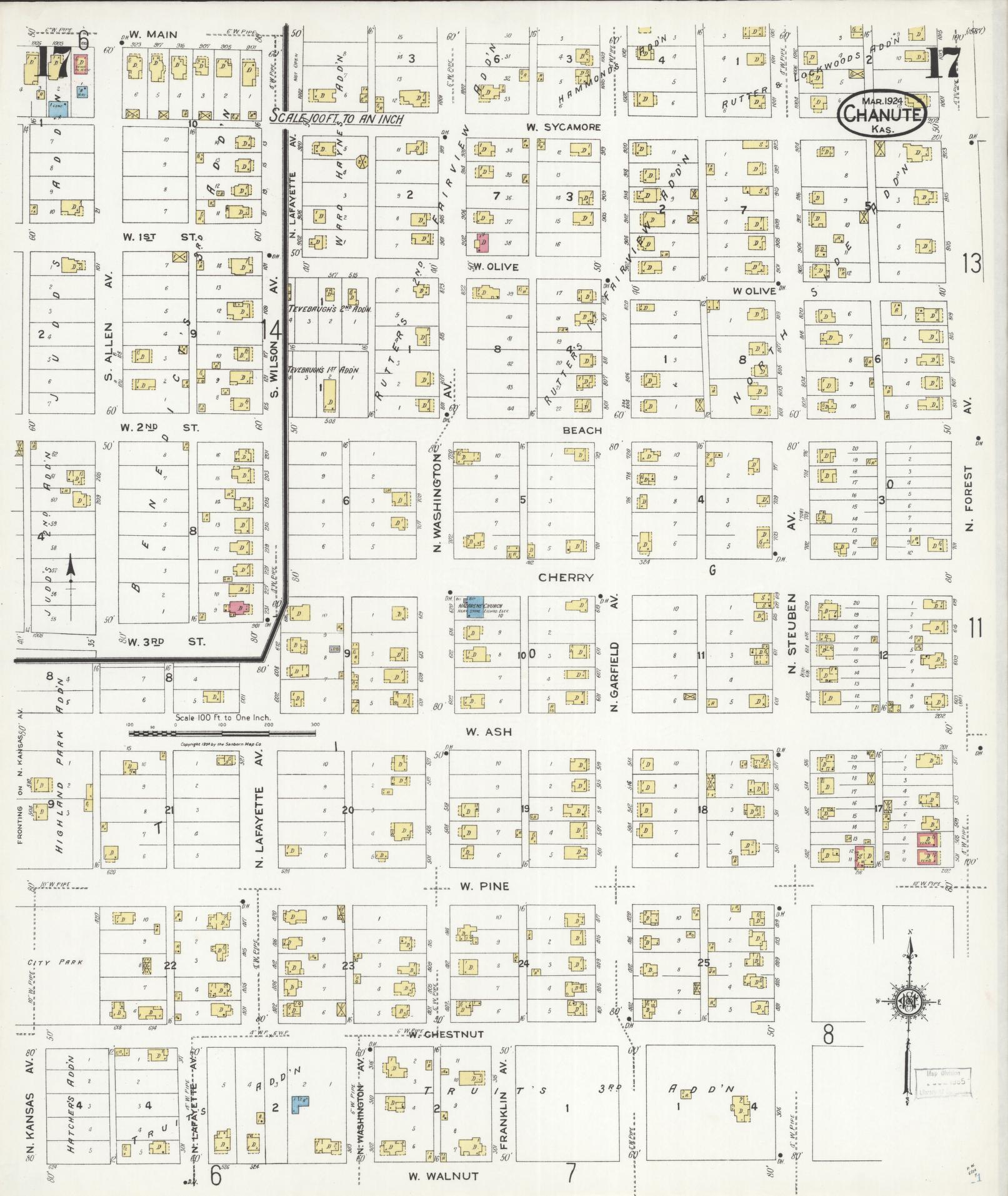 Sanborn Fire Insurance Map from Chanute, Neosho County, Kansas (1924), Sheet #0017 - Complete Map Set gallery image, historic Sanborn map, vintage wall art, Kansas Kansas