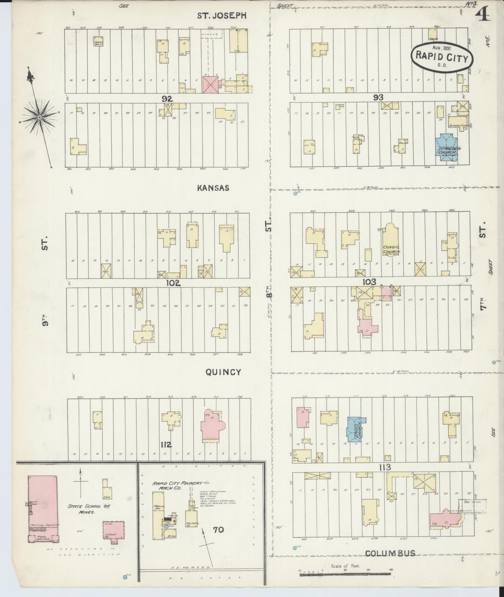 Sanborn Fire Insurance Map from Rapid City, Pennington County, South Dakota (1891), Sheet #0004 - Historic Sanborn Fire Insurance Map Print, vintage old map wall art, antique decor, genealogy gift, South Dakota South Dakota map