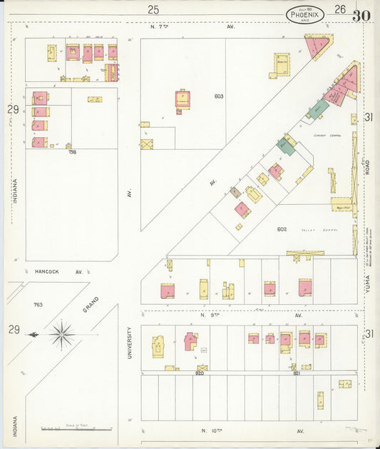 Sanborn Fire Insurance Map from Phoenix, Maricopa County, Arizona (1901), Sheet #0030 - Historic Sanborn Fire Insurance Map Print, vintage old map wall art, antique decor, genealogy gift, Arizona Arizona map