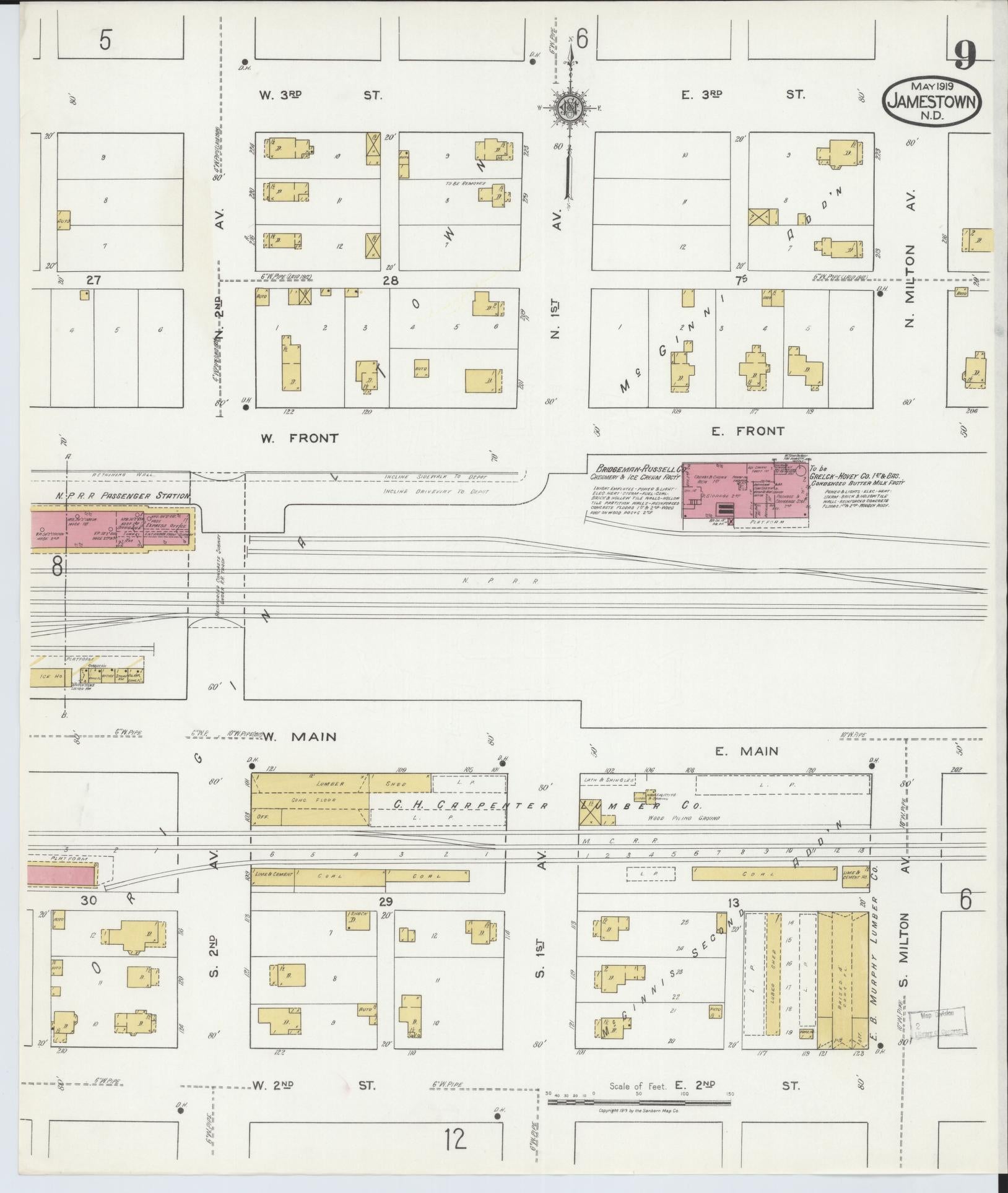 Sanborn Fire Insurance Map from Jamestown, Stutsman County, North Dakota (1919), Sheet #0009 - Historic Sanborn Fire Insurance Map Print, vintage old map wall art, antique decor, genealogy gift, North Dakota North Dakota map
