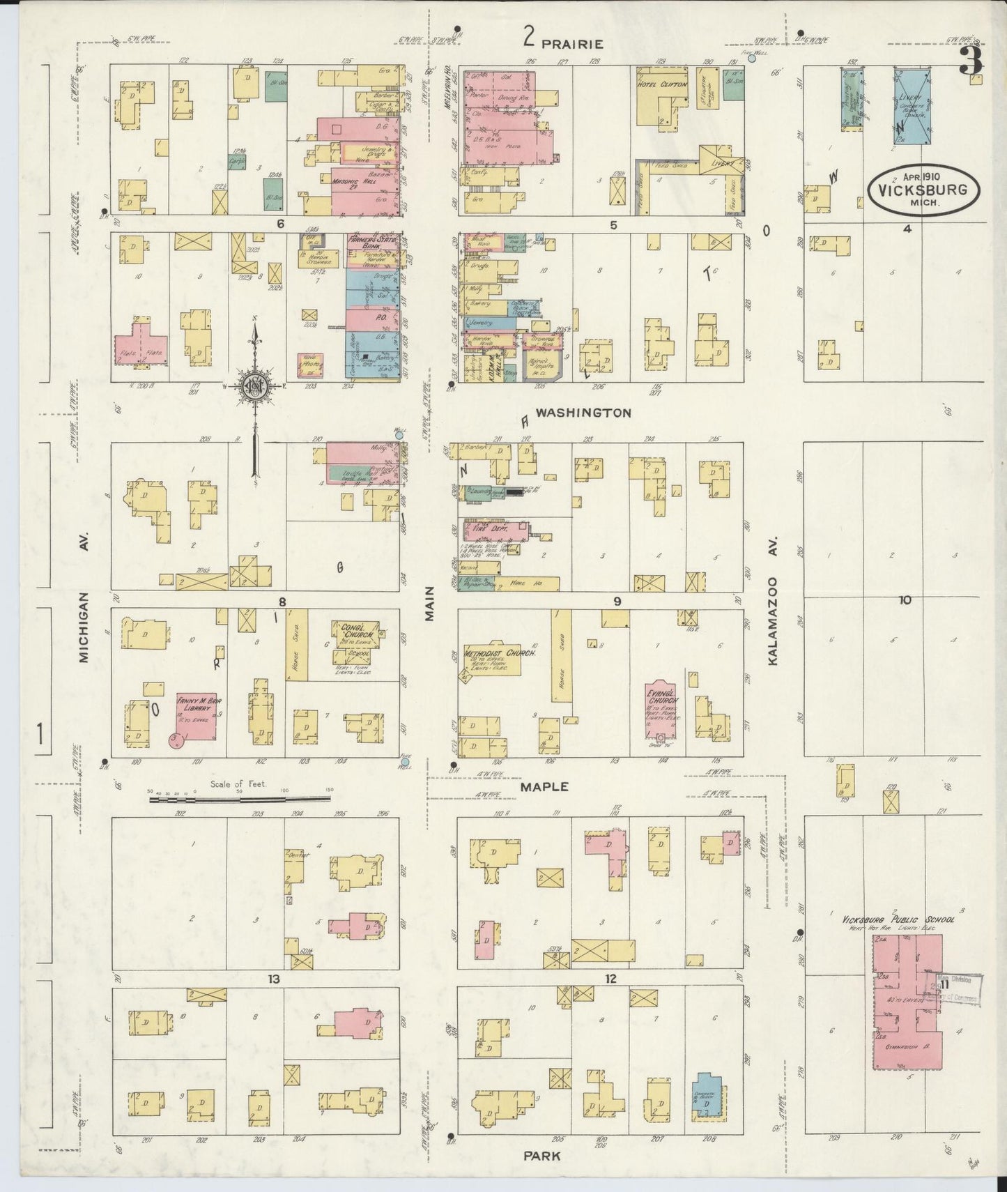Sanborn Fire Insurance Map from Vicksburg, Kalamazoo County, Michigan (1910), Sheet #0003 - Complete Map Set gallery image, historic Sanborn map, vintage wall art, Michigan Michigan