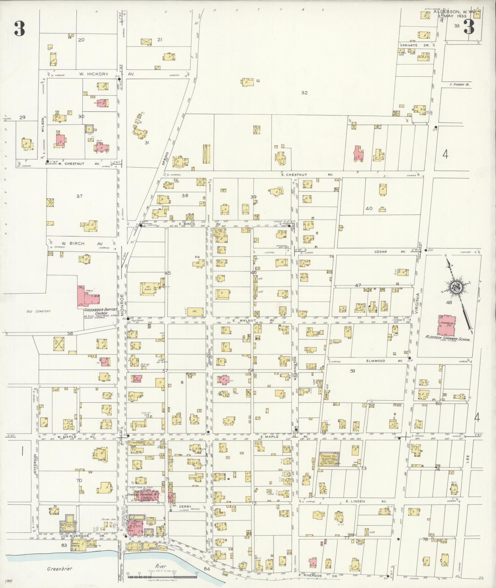 Sanborn Fire Insurance Map from Alderson, Greenbrier And Monroe Counties, West Virginia (1933), Sheet #0003 - Complete Map Set gallery image, historic Sanborn map, vintage wall art, West Virginia West Virginia