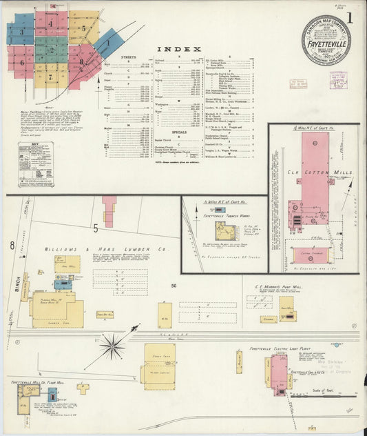 Sanborn Fire Insurance Map from Fayetteville, Lincoln County, Tennessee (1907), Sheet #0001 - Complete Map Set gallery image, historic Sanborn map, vintage wall art, Tennessee Tennessee