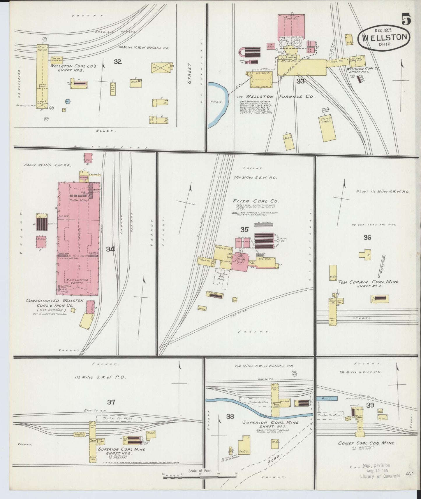 Sanborn Fire Insurance Map from Wellston, Jackson County, Ohio (1892), Sheet #0005 - Historic Sanborn Fire Insurance Map Print, vintage old map wall art, antique decor, genealogy gift, Ohio Ohio map