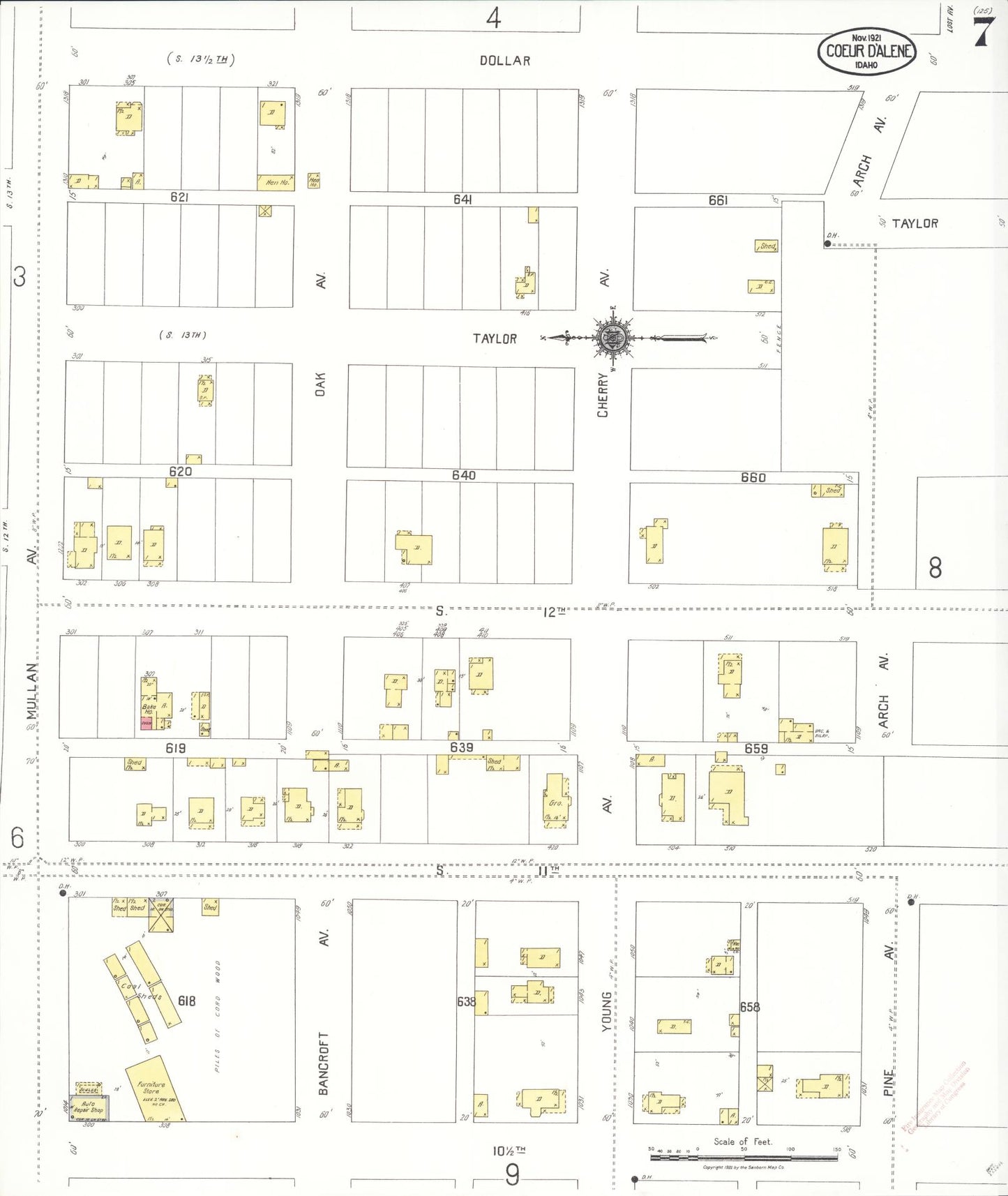 Sanborn Fire Insurance Map from Coeur D'alene, Kootenai County, Idaho (1921), Sheet #0007 - Historic Sanborn Fire Insurance Map Print, vintage old map wall art, antique decor, genealogy gift, Idaho Idaho map
