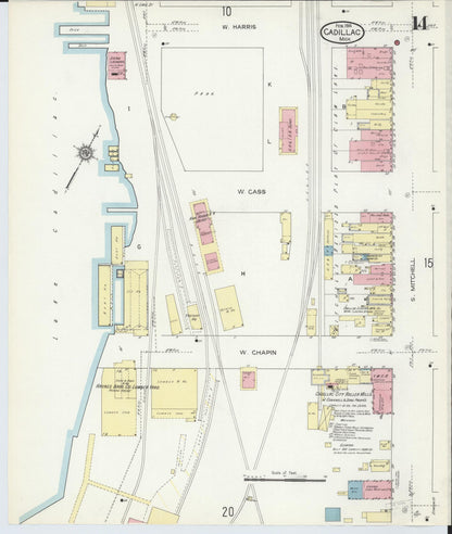 Sanborn Fire Insurance Map from Cadillac, Wexford County, Michigan (1914), Sheet #0014 - Historic Sanborn Fire Insurance Map Print, vintage old map wall art, antique decor, genealogy gift, Michigan Michigan map