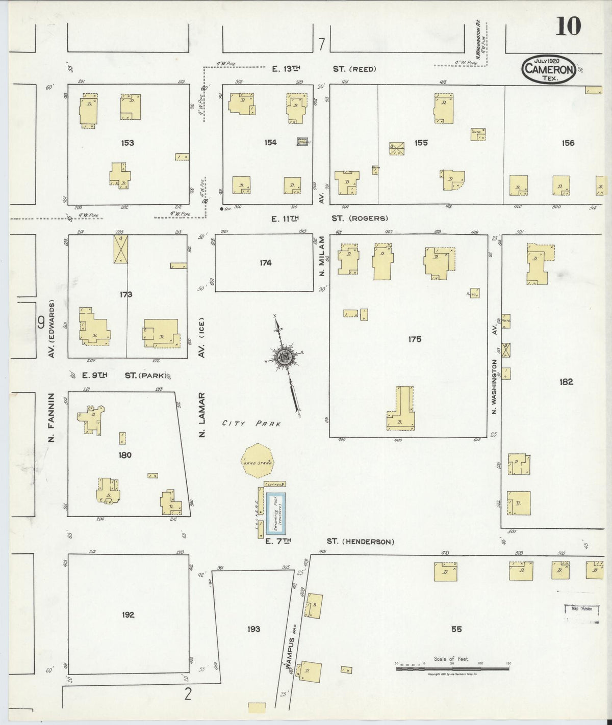 Sanborn Fire Insurance Map from Cameron, Milam County, Texas (1920), Sheet #0010 - Historic Sanborn Fire Insurance Map Print, vintage old map wall art, antique decor, genealogy gift, Texas Texas map