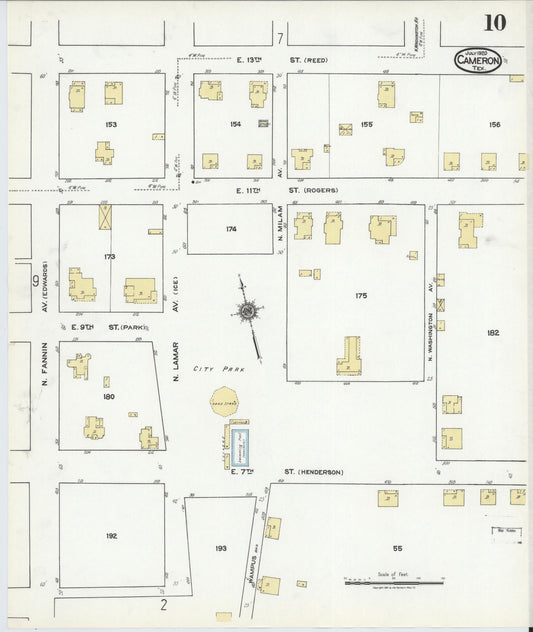 Sanborn Fire Insurance Map from Cameron, Milam County, Texas (1920), Sheet #0010 - Historic Sanborn Fire Insurance Map Print, vintage old map wall art, antique decor, genealogy gift, Texas Texas map
