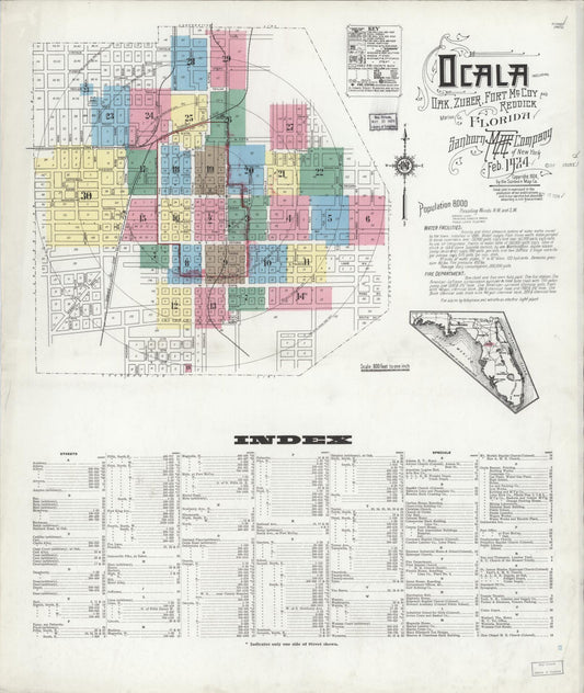 Sanborn Fire Insurance Map from Ocala, Marion County, Florida (1924), Sheet #0001 - Historic Sanborn Fire Insurance Map Print, vintage old map wall art, antique decor, genealogy gift, Florida Florida map