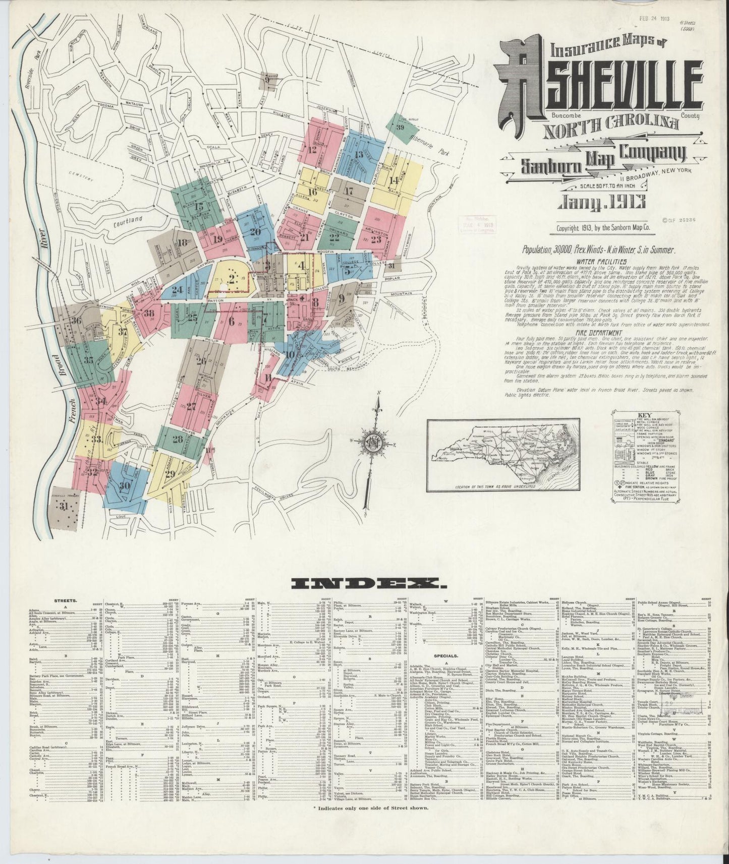 Sanborn Fire Insurance Map from Asheville, Buncombe County, North Carolina (1913), Sheet #0001 - Complete Map Set gallery image, historic Sanborn map, vintage wall art, North Carolina North Carolina