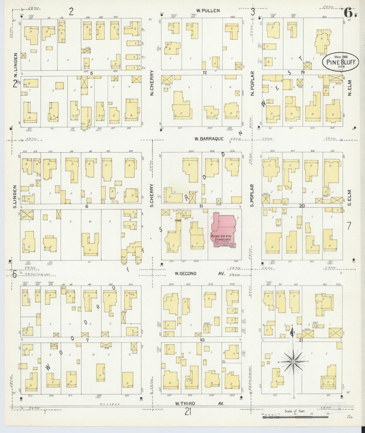 Sanborn Fire Insurance Map from Pine Bluff, Jefferson County, Arkansas (1908), Sheet #0006 - Complete Map Set gallery image, historic Sanborn map, vintage wall art, Arkansas Arkansas
