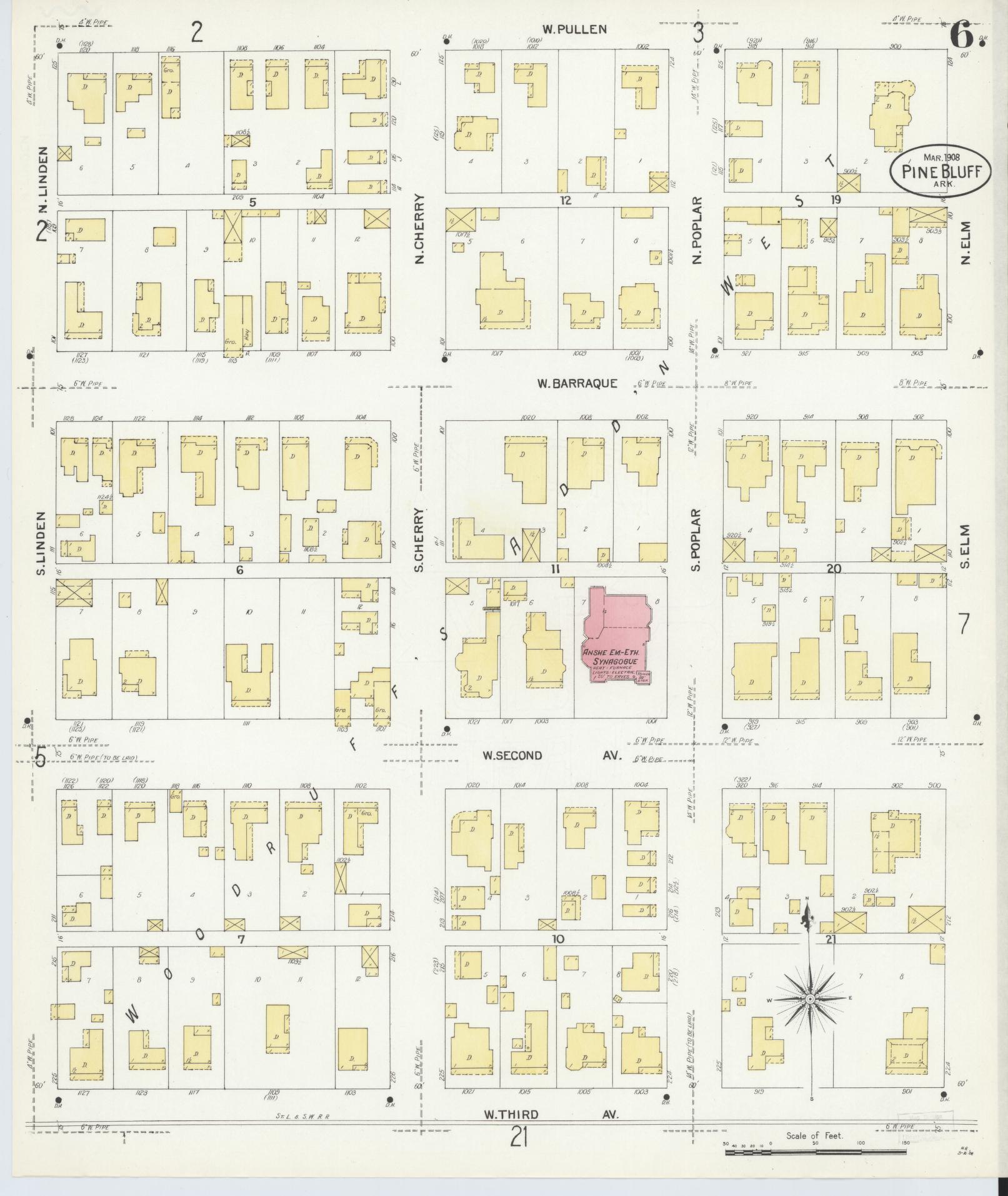 Sanborn Fire Insurance Map from Pine Bluff, Jefferson County, Arkansas (1908), Sheet #0006 - Complete Map Set gallery image, historic Sanborn map, vintage wall art, Arkansas Arkansas